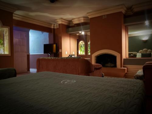 a living room with a bed and a fireplace at New York Hotel/Motel in Orizaba