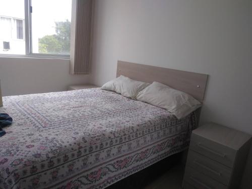 - une chambre avec un lit doté d'un oreiller et d'une fenêtre dans l'établissement Ap Tia Dete Cachoeira, à Florianópolis