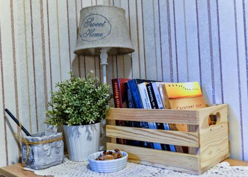 a stack of books on a table with a lamp and a plant at Hotel Nove in Svishtov