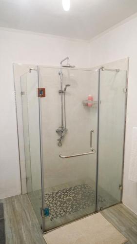 a shower with a glass door in a bathroom at Ogumka, Self catering , Beoliere, Mahe in Victoria