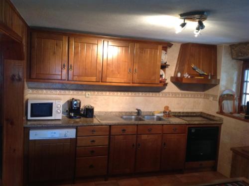 a kitchen with wooden cabinets and a sink and a microwave at Quinta Do Circo - Serra Da Estrela - Turismo Rural in Cortes do Meio