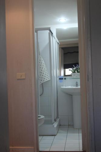een badkamer met een douche, een toilet en een wastafel bij San Alfonso del Mar, Algarrobo in Algarrobo