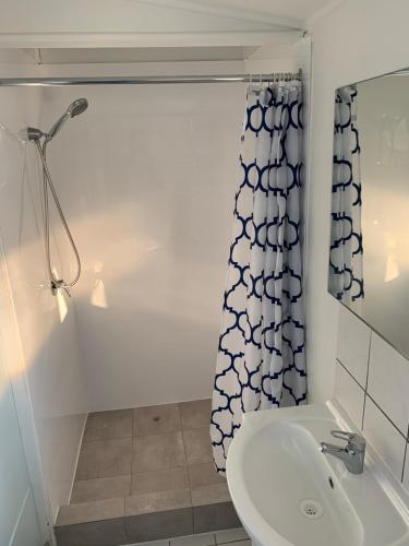 ein Bad mit einem Waschbecken und einem Duschvorhang in der Unterkunft Mumma's Hostel Surfers Paradise in Gold Coast
