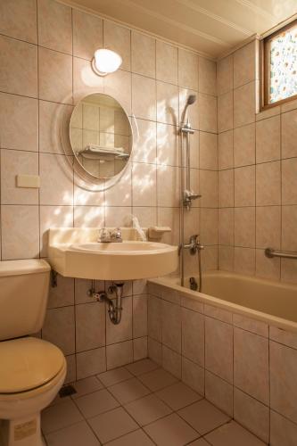 a bathroom with a sink and a toilet and a tub at 真正好旅店 Good Hotel in Fengyuan