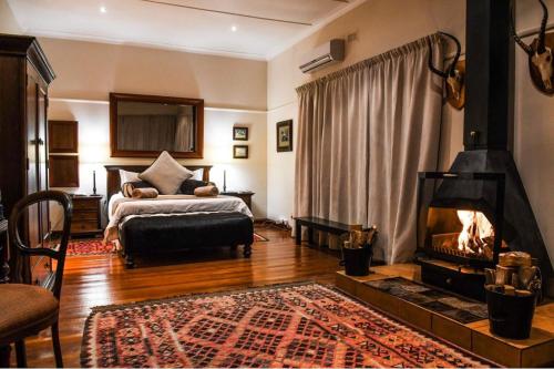 a living room with a bed and a fireplace at Otterskloof Game Reserve in Philippolis