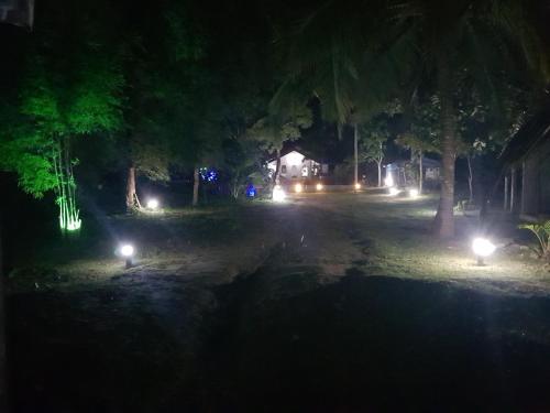 a street at night with lights on the ground at Peacock Residence & Cabana's in Tangalle