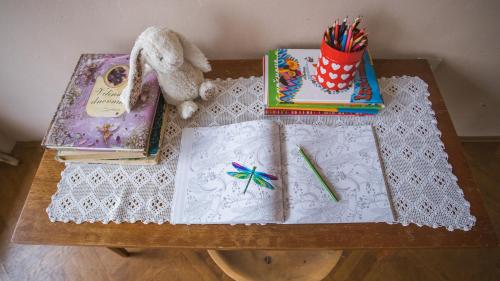 a wooden table with books and a table top with a table sidx sidx at Old Chestnut Vacation Home in Varaždinske Toplice