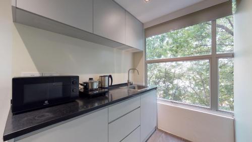 a kitchen with a sink and a microwave and a window at International Service Apartments at Raeburn Park in Singapore