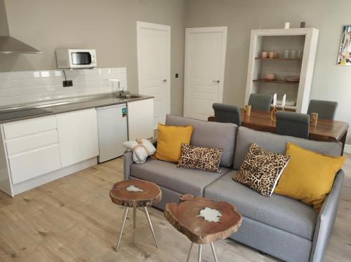 a living room with a gray couch and a kitchen at VIVIENDA ÚBEDA REAL in Úbeda