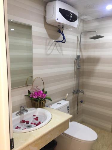 a bathroom with a sink and a toilet and a shower at Minh Đức hotel in Cat Ba