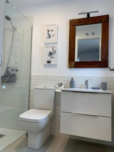 a bathroom with a toilet and a sink and a mirror at TRIPERIA 25 in Medina Sidonia