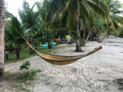 Mook Tamarind Resort في كو موك: أرجوحة على الشاطئ مع أشجار النخيل