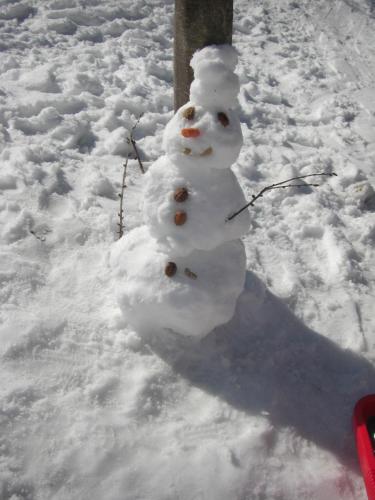 a snowman is standing next to a tree in the snow at Apartment Aschenwald Elisabeth in Ramsau im Zillertal