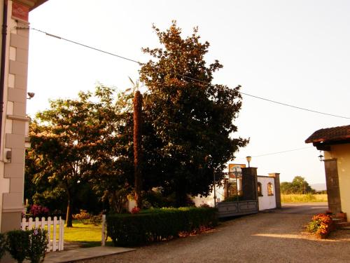 a house with a tree and a white fence at Agriturismo Greppi in Crescentino