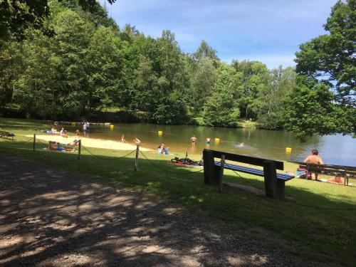 a park with a bench and people in the water at Ferienwohnung Quedlinburg OT Gernrode Harz in Gernrode - Harz