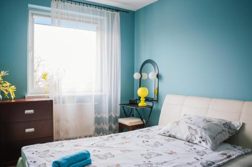 ビェルスコ・ビャワにあるRainbow z prywatnym parkingiemの青いベッドルーム(ベッド1台、窓付)