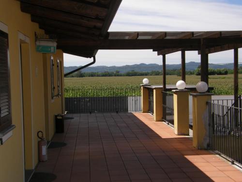 a view from the porch of a house with a field of crops at Agriturismo Greppi in Crescentino