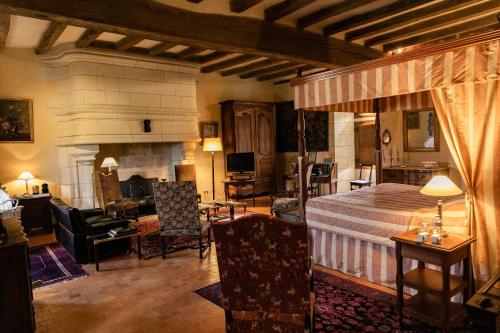 a bedroom with a bed and a living room at Manoir Du Bois Noblet in Louerre