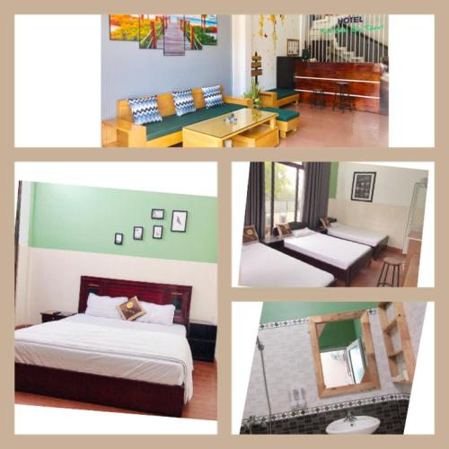 a collage of four pictures of a hotel room at Hoa Mai Hotel in Dong Hoi