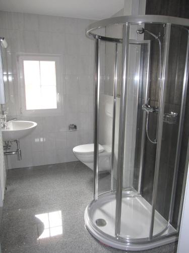 a bathroom with a shower and a toilet and a sink at Ferienhaus Ahorn in Flumserberg