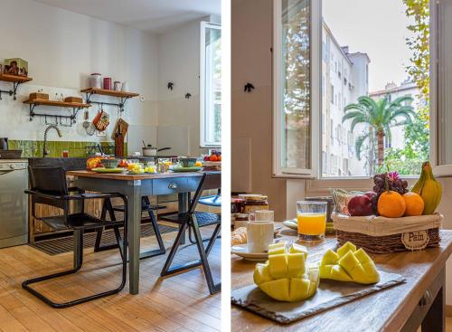 - deux photos d'une cuisine avec une table et des fruits dans l'établissement GAMBETTA - Charming 2 bedroom - Near Promenade, à Nice