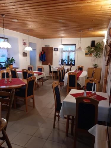 um restaurante com mesas e cadeiras num quarto em Fewo Am Triebischbrunnen em Meissen