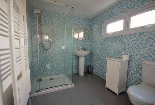 a bathroom with a shower and a toilet and a sink at Admirals Cottage in Yarmouth