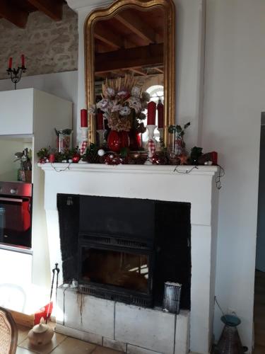 a fireplace in a living room with a mirror at Gîte Rouge Calme et Nature in Allas-Bocage