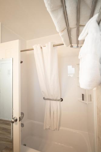 a bathroom with a shower with white towels at Island Sun Inn & Suites - Venice, Florida Historic Downtown & Beach Getaway in Venice