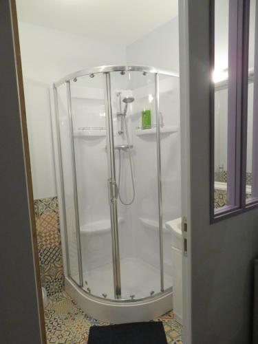 una doccia con cabina in vetro in bagno di Les Chambres Studios de Pleslin-Foucher a Pleslin-Trigavou