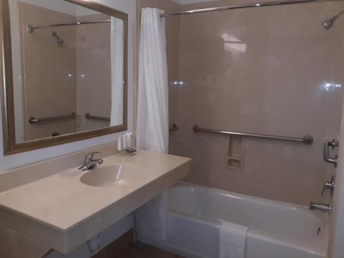 a bathroom with a sink and a tub and a mirror at Country Inn & Suites by Radisson, Round Rock, TX in Round Rock
