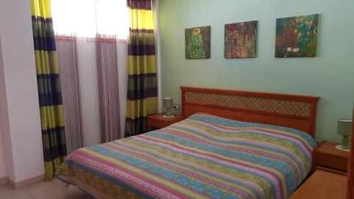 Un dormitorio con una cama con una manta de colores. en Playa de la Arena Apartment, en Puerto de Santiago