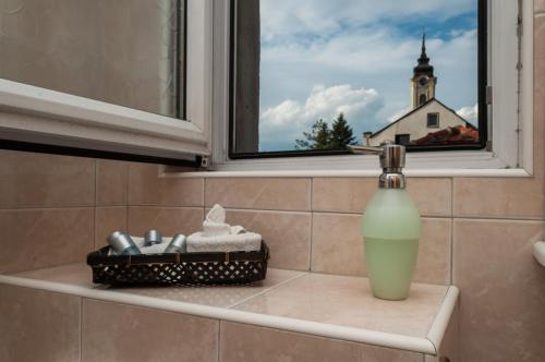un bancone del bagno con finestra e una bottiglia di sapone di Villa Petra a Belgrado