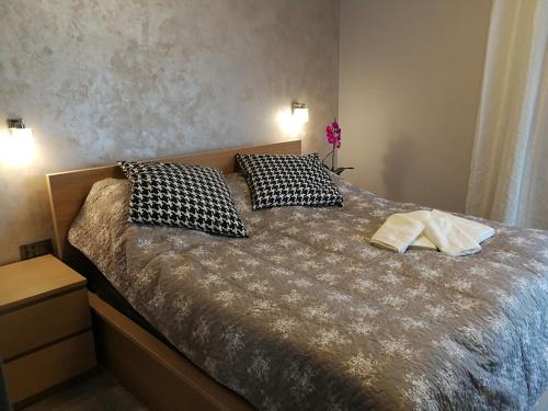 um quarto com uma cama com duas almofadas em Coral SPA Apartament Pięć Mórz em Sianozety
