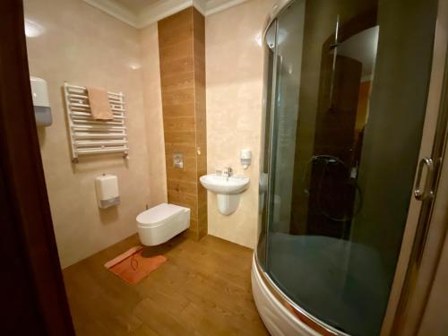a bathroom with a toilet and a sink and a shower at AmberRoom in Pruszcz Gdański