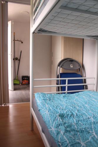 a bunk bed with a blue comforter in a room at ZumSeehörnchen Haus Schmetterling in Tanna
