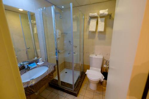 a bathroom with a shower and a toilet and a sink at Royal Court Hotel in Ramallah