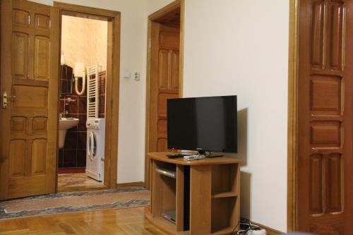 a television sitting on a stand in a room at Apartments Domovik ,Kirilla i Mefodiya, 5 in Mukacheve