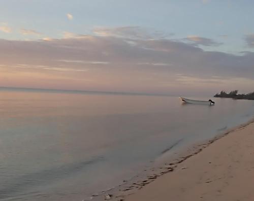 a boat sitting on the shore of a beach at Margarita del Sol Hotel Costa Maya in Mahahual