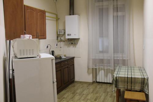 a small kitchen with a refrigerator and a microwave at Apartments Domovik ,Kirilla i Mefodiya, 5 in Mukacheve
