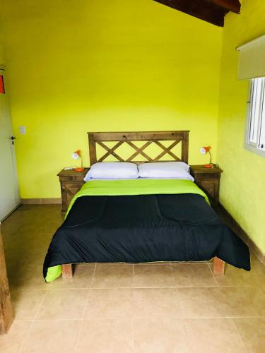 a bedroom with a bed with a green wall at Eirú Hostel in Santa Rosa de Calamuchita