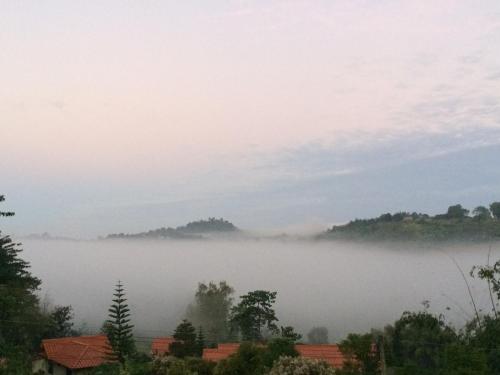 a view of a foggy valley with trees and houses at บ้านสวนศรเพชร in Phetchabun
