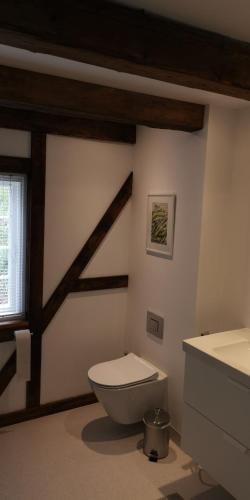 a bathroom with a white toilet and a window at Løðupakkhúsið - LPH - Mid Floor in Sørvágur