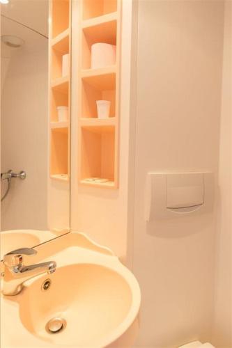 a white bathroom with a sink and a mirror at HOTEL DU CYGNE DE LA CROIX BLANCHE in Lailly-en-Val