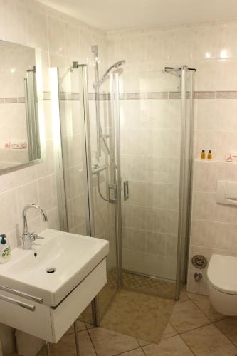 uma casa de banho com um chuveiro, um lavatório e um WC. em Deichblick em Sankt Peter-Ording