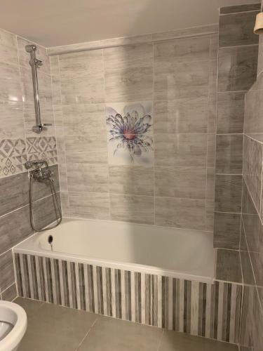 a bathroom with a bath tub and a toilet at Airport16 bed and breakfast in Budapest