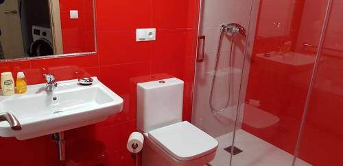 a red bathroom with a toilet and a sink at A Fragua in Tapia de Casariego