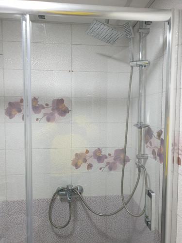 a shower in a bathroom with flowers on the wall at ASP Apartments in Ohrid