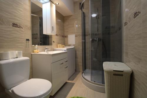 a bathroom with a toilet and a shower and a sink at Apartament Gdynia KAZART.PL 3 Centrum in Gdynia