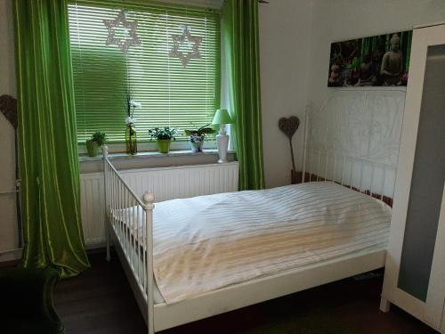 - une chambre avec un lit doté de rideaux verts et d'une fenêtre dans l'établissement Unterkunft mit Wohlfühleffekt und Flair, à Rehburg-Loccum